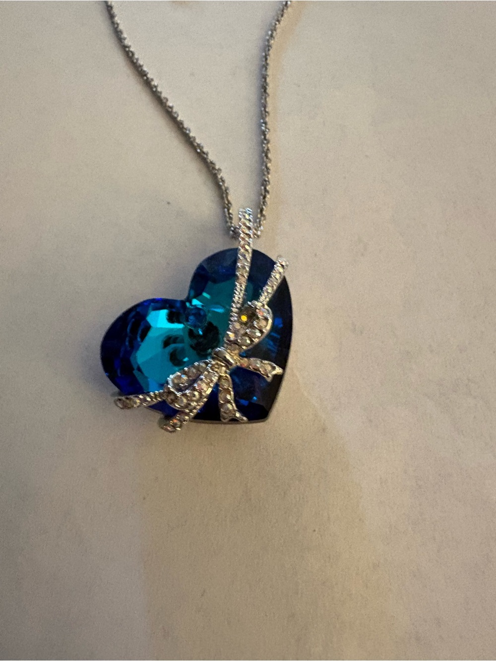 Blue Heart Crystal Pendant Necklace with Bow Accent